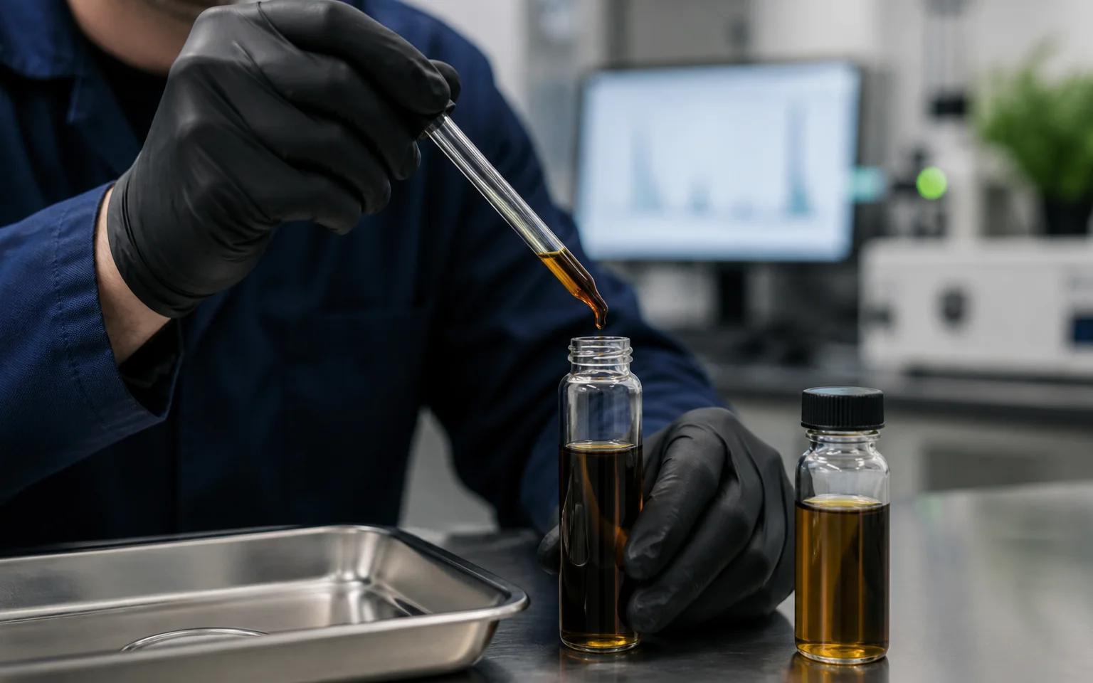 Laborfachkraft untersucht eine dunkle Ölprobe mit einer Glaspipette